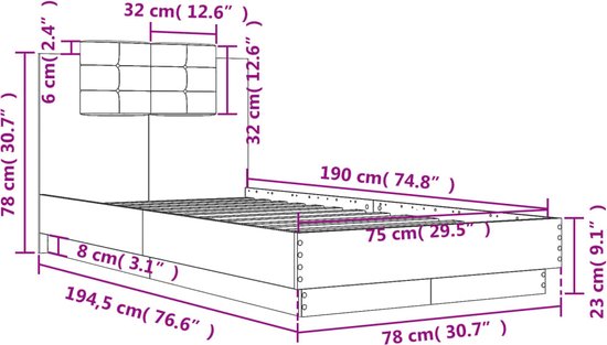 vidaXL - Cadre de lit - avec - tête de lit - décoré - bois - gris béton - 75x190 - cm