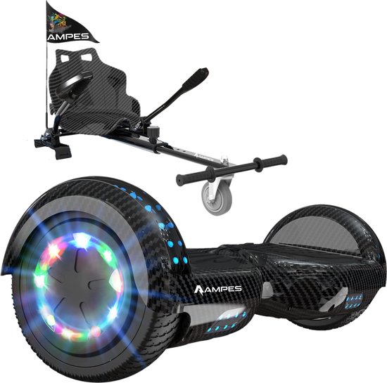 Productafbeelding Ampes Hoverboard - Bluetooth Speaker - 24V 4.0 Ah Accu - Oxboard - 12 km/h - UL2272 Gecertificeerd - LED Verlichting - Anti lek banden - Belastbaar tot 120KG - 6.5 Inch - Inclusief Draagtas - 700W - Carbon + Hoverkart carbon - Beste hoverboard keuze