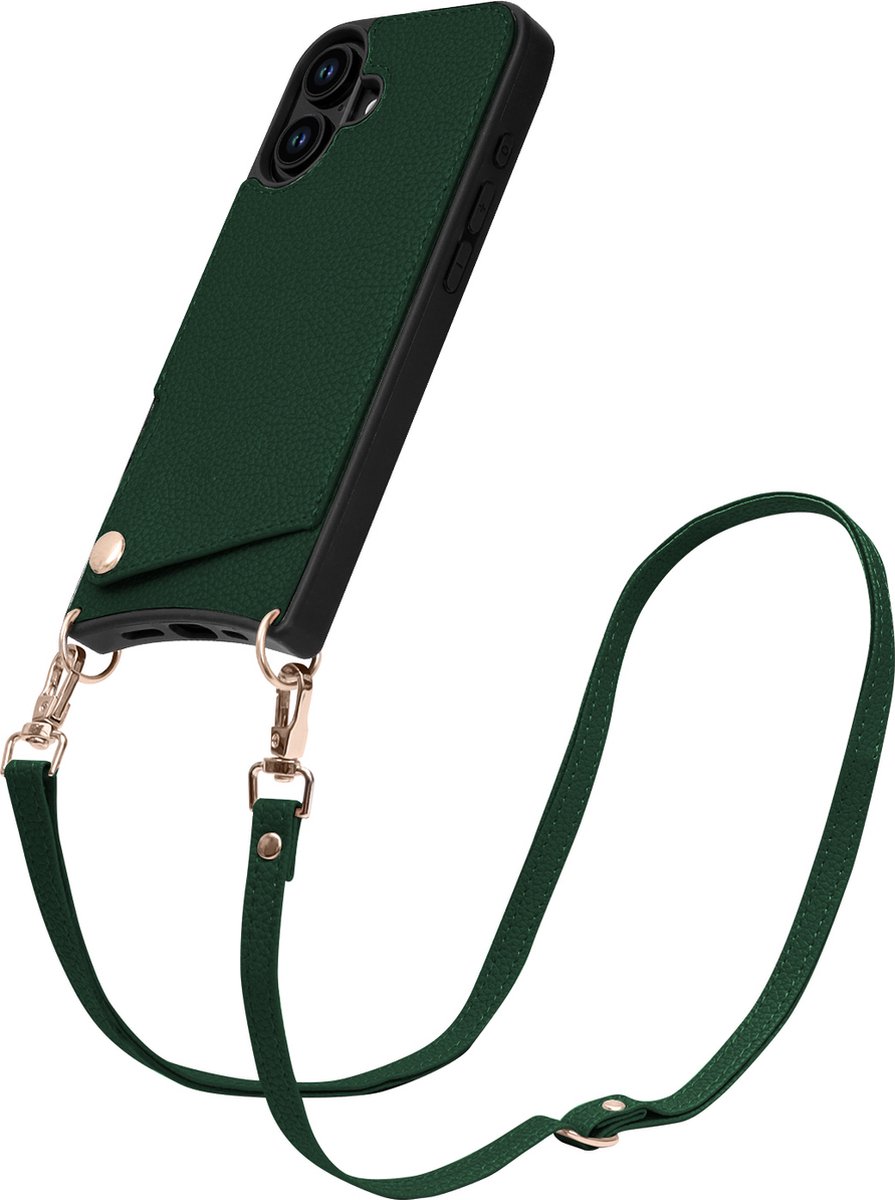 Casemania Hoesje Geschikt voor Apple iPhone 16 Plus - Back Cover met Draagkoord - Pasjeshouder Hoes met Bandje - Crossbody Telefoonhoesje - Lanyard Case - Groen