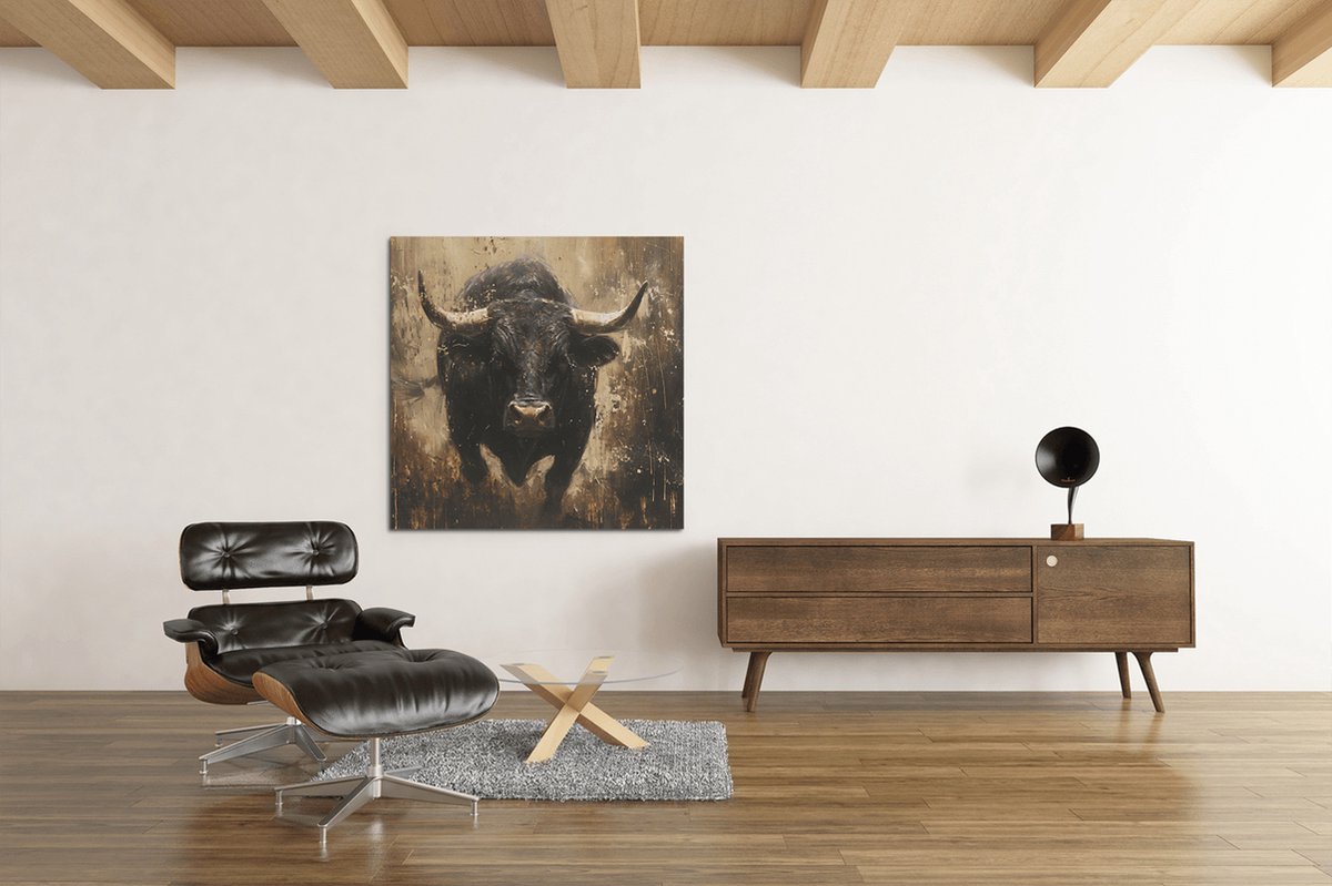 Trendex Global Canvas Schilderij - Dieren - Rennende Stier - 60x60x2 cm Bruin