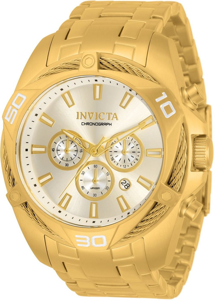 Invicta Bolt 34123 Heren Horloge - Waterdicht - Analoog - Quartz Uurwerk - Roestvrij Staal met gouden Wijzerplaat - 50mm