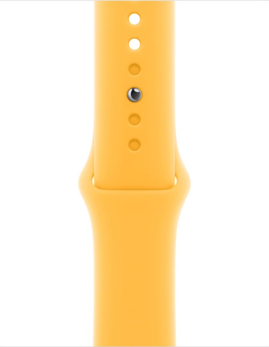 Sluiting van een geel Apple Watch sportbandje met een zilverkleurige pin en vier gaten.