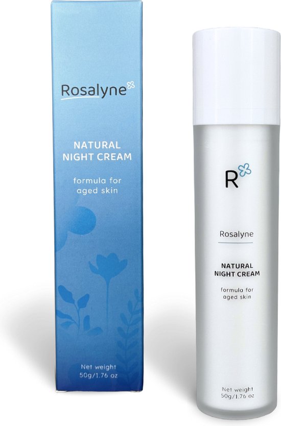 Rosalyne Natuurlijke Nachtcrème, formule voor de oudere huid, in een matte, witte pompfles en blauwe doos met bloemendessin.