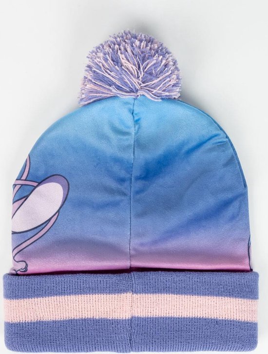 Achterkant van de muts met Stitch en Angel, met pompon en gestreepte rand.