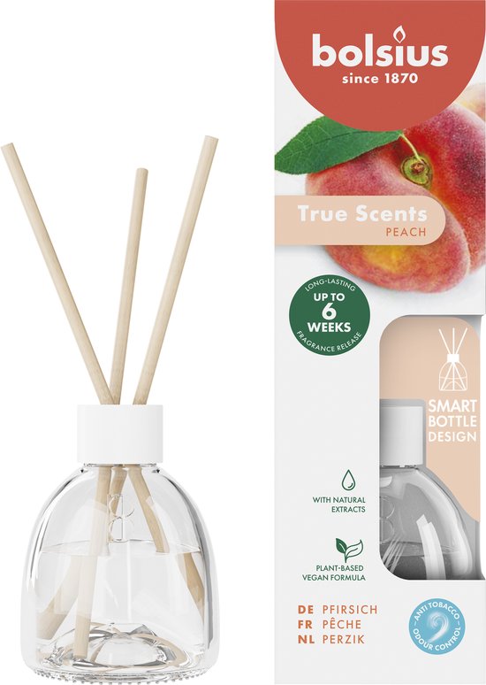 Bolsius True Scents geurstokjes met perziksmaak, in een glazen flesje met 5 houten stokjes.
