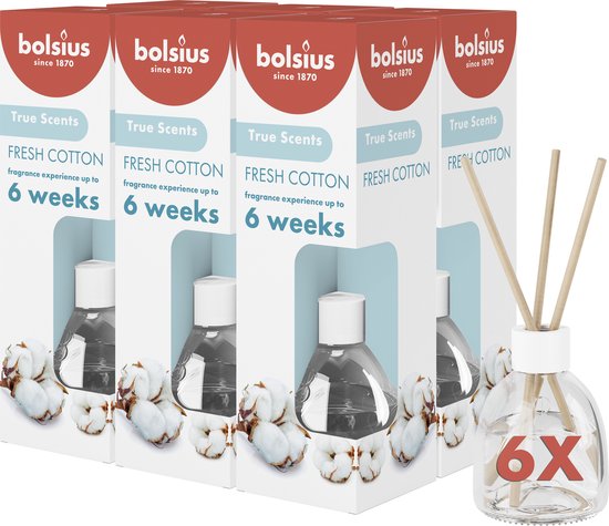 Bolsius True Scents - Geurstokjes - Fresh Cotton - 6 stuks - Voordeelverpakking - 60ml