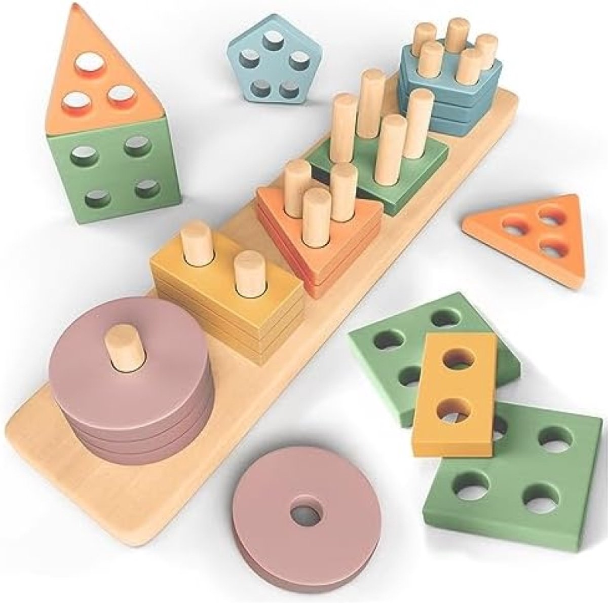 Montessori Stapel- en Sorteerspeelgoed 1 2 3 Jaar - Houten Activiteit en Ontwikkelingsspeelgoed in Pastelkleuren - Montessori Spellen voor Peuters van 1 jaar