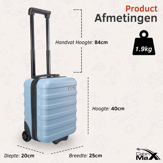 Lichtblauwe Cabin Max handbagage trolley met uitschuifbaar handvat, afmetingen 40x25x20 cm, 1.9kg.