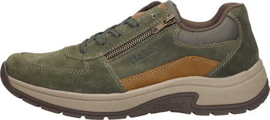 Groene suède Rieker sneaker met rits, zijkant weergave.