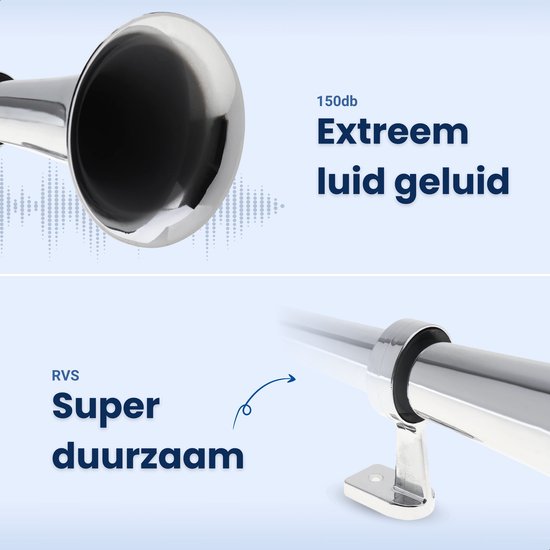 Verchroomde luchthoorn met tekst 'Extreem luid geluid 150db' en 'Super duurzaam'.