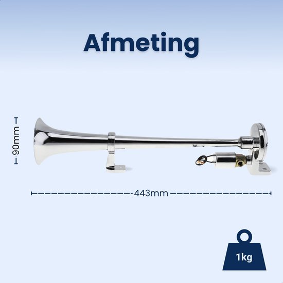 Afmetingen van verchroomde luchthoorn: 443mm lang en 90mm breed. Gewicht 1kg.