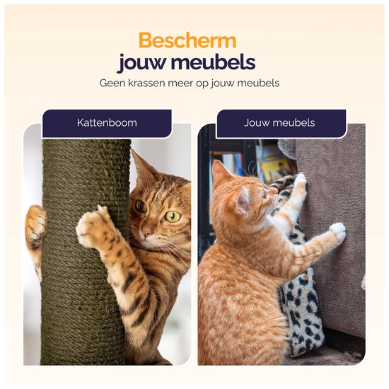 Een oranje kat krabt aan een bruine kattenboom. Een oranje kat krabt aan een bank.