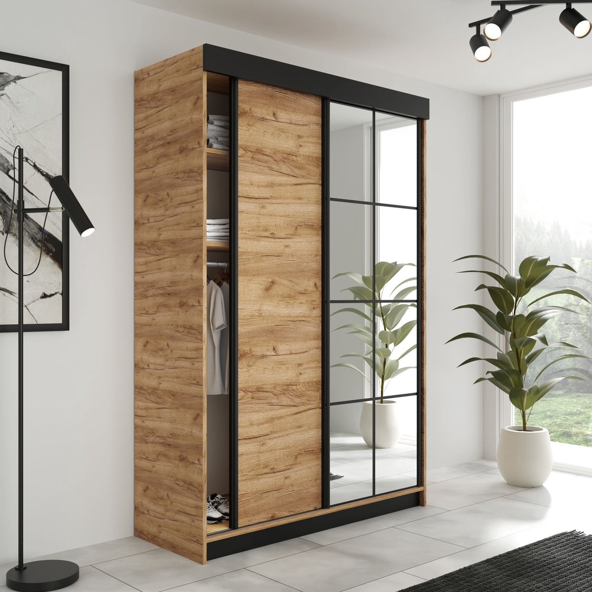 Kledingkast-Opbergkast-Spiegel-Kledingkasten Slaapkamer-Kleding Kast-Roedestang-Legplanken-Schuifdeurkast-lamaro 167 cm Eiken Zwart