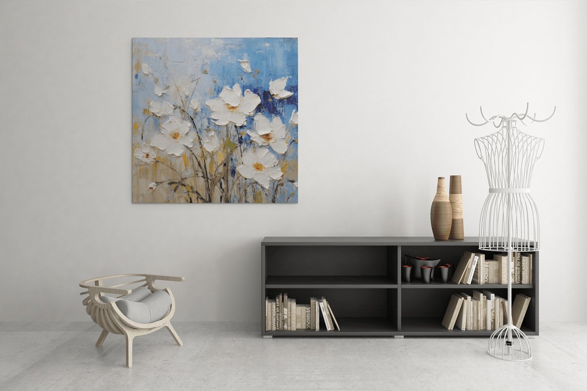 Trendex Global Vierkant Canvas Schilderij - Olieverf Bloemen - 40x40x2 cm Wit