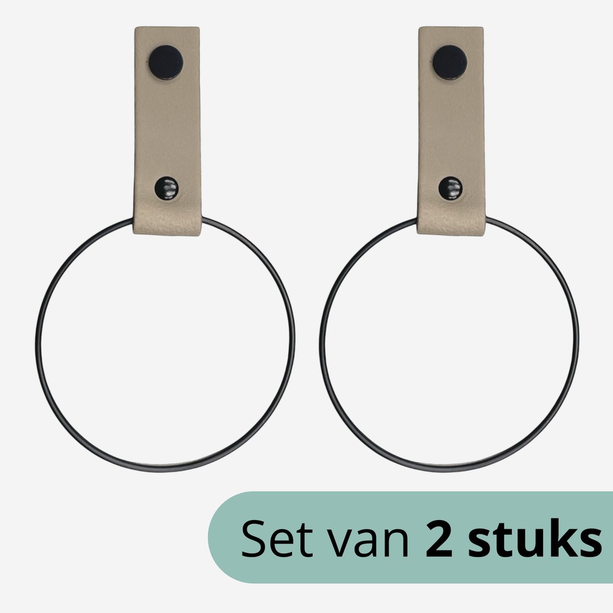 Handdoekringen - 2 stuks - Taupe leer - Zwarte ring 10cm - Handdoekhouder - keukenrekje - handdoekrekje