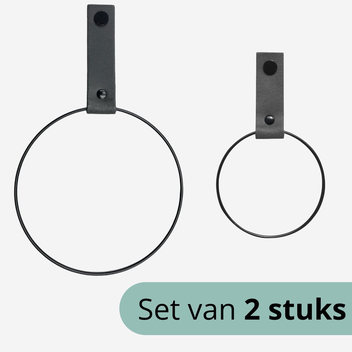 Handdoekringen - 2 stuks - Antraciet leer - Zwarte ring 10cm + 15cm - Handdoekhouder - keukenrekje - handdoekrekje
