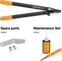 Fiskars L74 takkenschaar naast onderdelen voor reparatie en onderhoudsset.