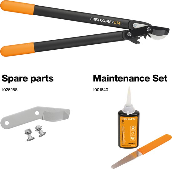 Fiskars L74 takkenschaar naast onderdelen voor reparatie en onderhoudsset.