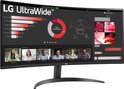 Een gebogen LG UltraWide monitor met een WQHD resolutie en 100Hz verversingssnelheid, toont een online vergadering.
