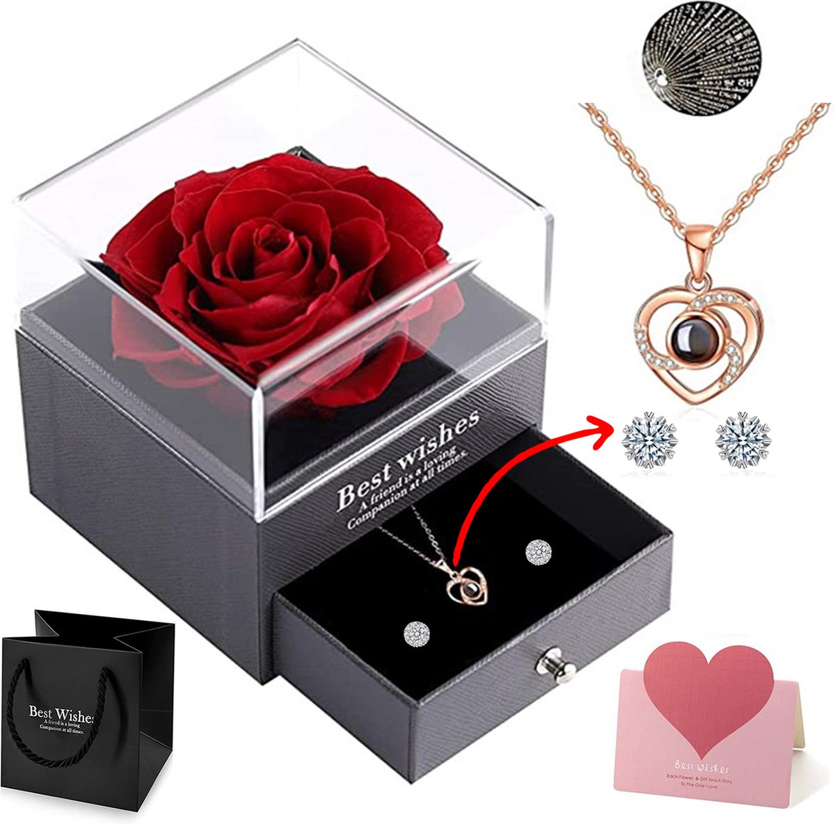 Blazelife - Eeuwige Bloem Rose + Sieraden Doos + Rose Goud Hartjes Ketting + Oorbel- Eeuwige Roos Cadeau voor Vrouw- Verjaardag Cadeau Vriendin - Romantisch Cadeau - Huwelijksaanzoek - Liefde -925 Silver