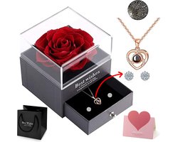 Blazelife - Eeuwige Bloem Rose + Sieraden Doos + Rose Goud Hartjes Ketting + Oorbel- Eeuwige Roos Cadeau voor Vrouw- Verjaardag Cadeau Vriendin - Romantisch Cadeau - Huwelijksaanzoek - Liefde -925 Silver
