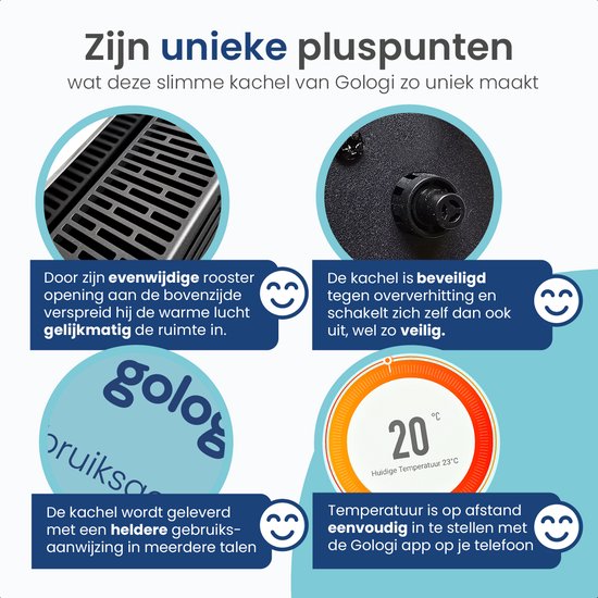 Gologi Elektrische Kachel - Verwarming elektrisch - Convectorkachel met thermostaat - Werkt via App en touch bediening - Tot 25m2 - 2000 watt - Zwart