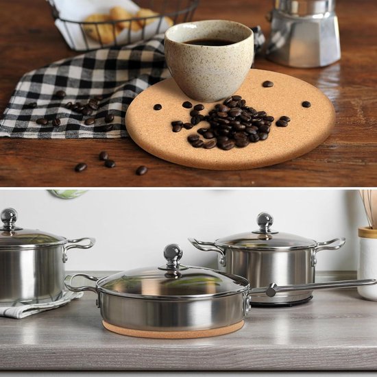 wortek Onderzetter van kurk, onderzetter voor potten, pannen, ovenvorm, voor keuken, werkblad, raclette en pannenset, ronde kurkonderzetter, 19 cm diameter, set van 8