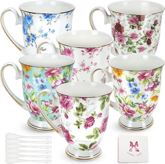 H&H Botanicum Set 6 Tazze New Bone China 415ml: Colazione Elegante Con Decorazioni Botaniche