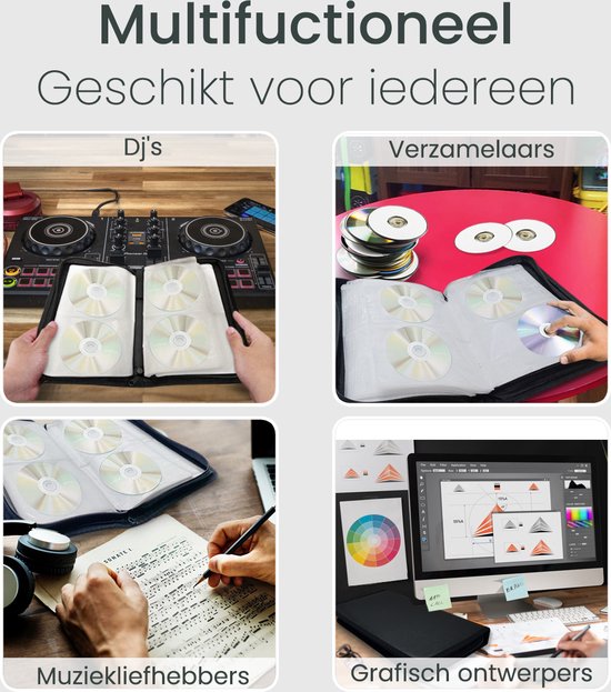 Vier afbeeldingen die de veelzijdigheid van de cd-hoes tonen: voor DJ's, verzamelaars, muziekliefhebbers en grafisch ontwerpers.