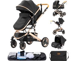 GoobiSales Luxe 3-in-1 Kinderwagen - Draagbaar, Opvouwbaar, met Vering - Aluminium Frame - Inclusief Autostoel - Kwalitatieve Buggy voor Pasgeboren Baby - Luxe Multifunctionele Combi Kinderwagen - Zwart