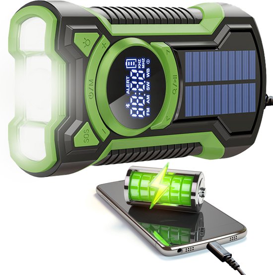 ViveLux® Noodradio - Powerbank 5000 mAh - Bluetooth - Vernieuwd Model 2024 - Solar Opwindbaar - Noodpakket - SOS Alarm- Draagbare radio - Zaklamp - Groen