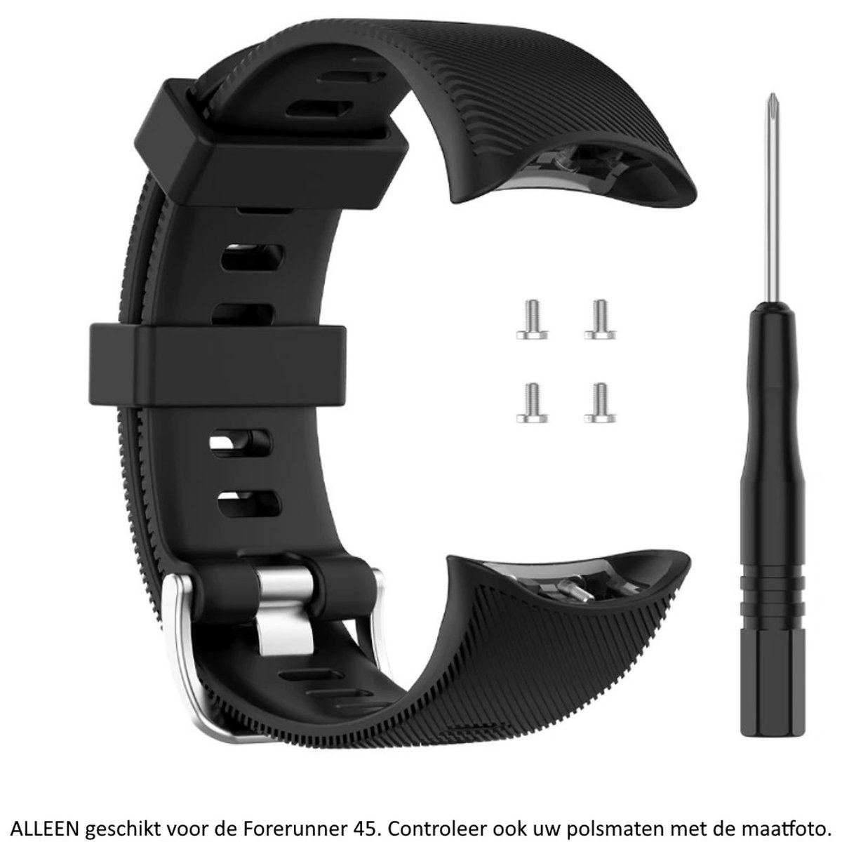 Zwart siliconen bandje geschikt voor de Garmin Forerunner 45 (niet voor de S variant!) en Garmin Swim 2 - Maat: zie maatfoto - sporthorlogeband - polsband - strap - siliconen - black rubber smartwatch strap