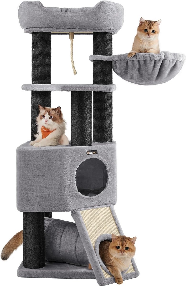 FurnStar - Krabpaal groot - Kattenboom met donzig uitkijkplatform - Bank en knuffelgrot - Kattentoren - Extra dikke stammen volledig omwikkeld met zwarte sisal - Stal - Lichtgrijs