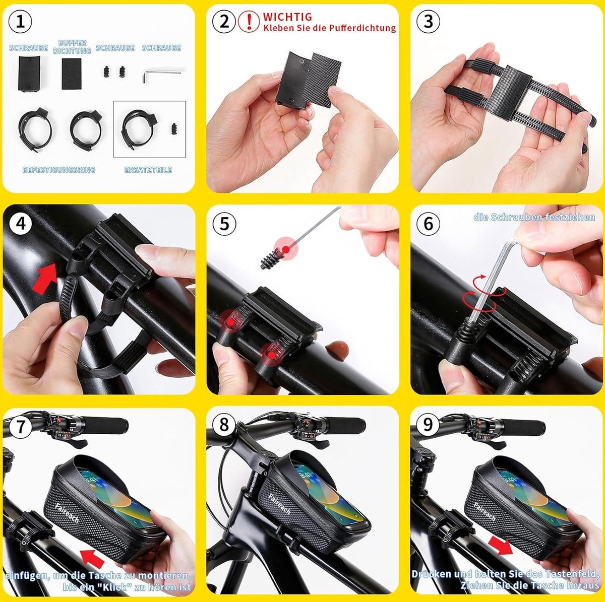 Waterdichte fietsstuurtas met snelsluiting - telefoonhouder touchscreen - zwart - 6.8 inch