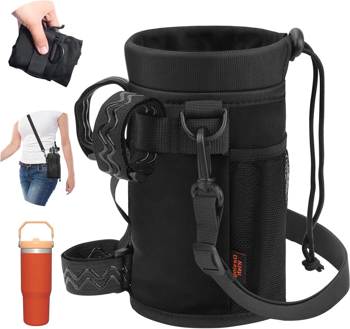24-40 oz Fiets Flessenhouder Zonder Schroeven - Drinkflessenhouder met Netvak en Schouderriem
