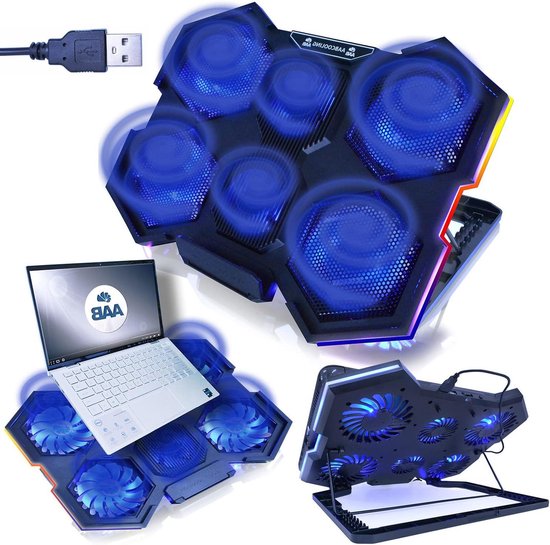 Laptop Gaming Base Raffreddamento Con RGB - 6 Ventole, 8 Altezze Regolabili, Supporto Telefono, Per 15.6-17.3 Pollici 6 Ventole LED Blu