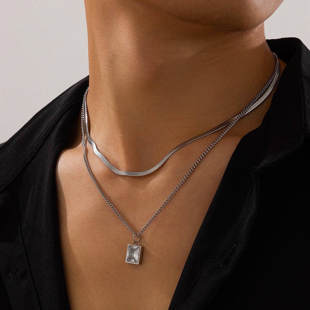 Helin life Klassieke ketting heren -Meerlaags Kettingen set- Schakelketting - Staal - RVS &zirkoon hanger-Cadeau voor Man -Geschenkdoos en wenskaart-Mannen Cadeautjes-zilver