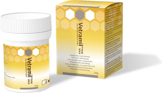 Vetramil Paw Wax potje en doosje met honingraatpatroon. Bevat 45g.