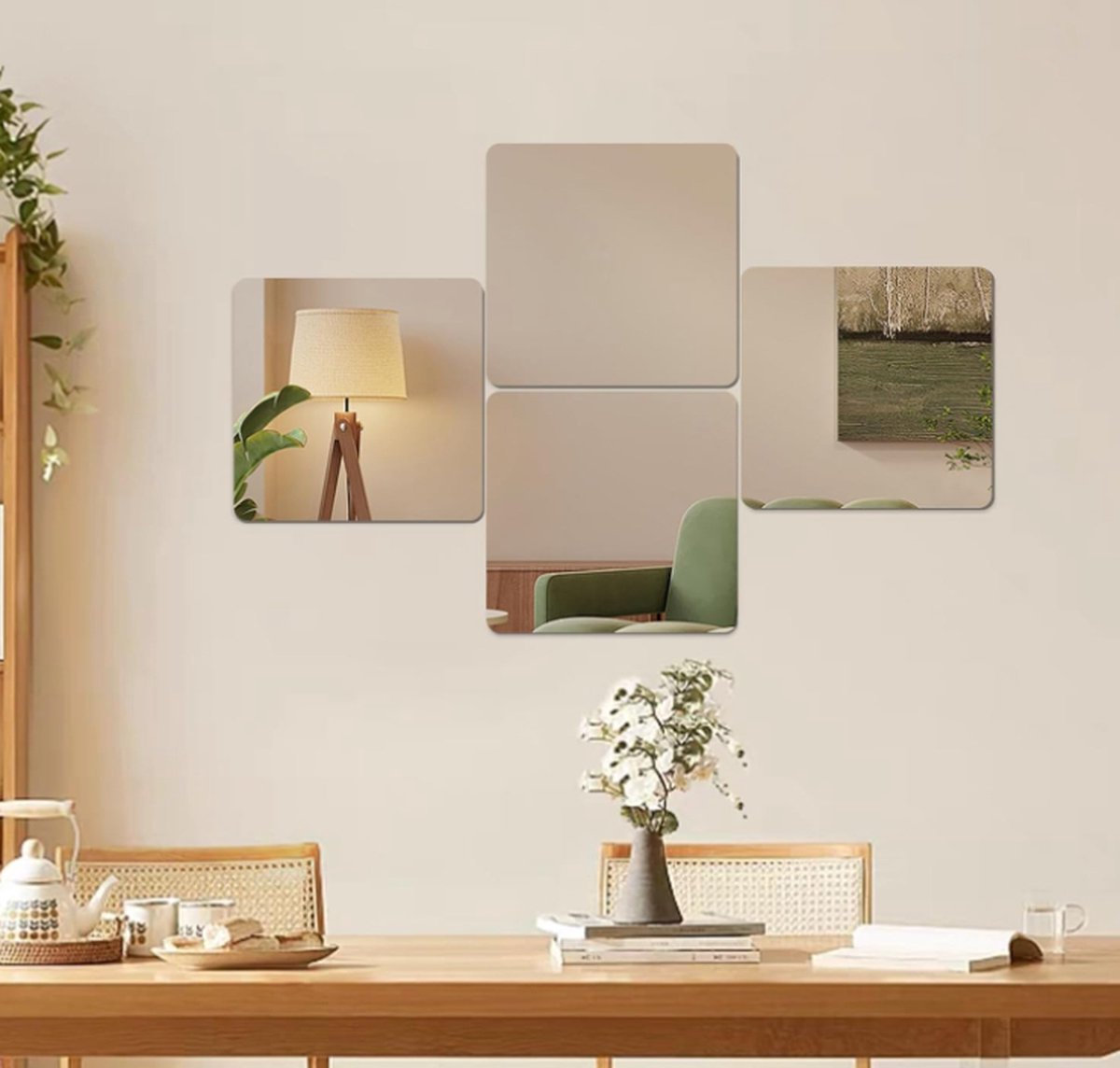 Dutchers® Zelfklevende Spiegeltegels – Set van 4 Acrylspiegels – 25x25 cm – Spiegel - Flexibele Plakspiegel voor Muren, Kasten, en Badkamers - Deurspiegel - Plakspiegels rechthoek