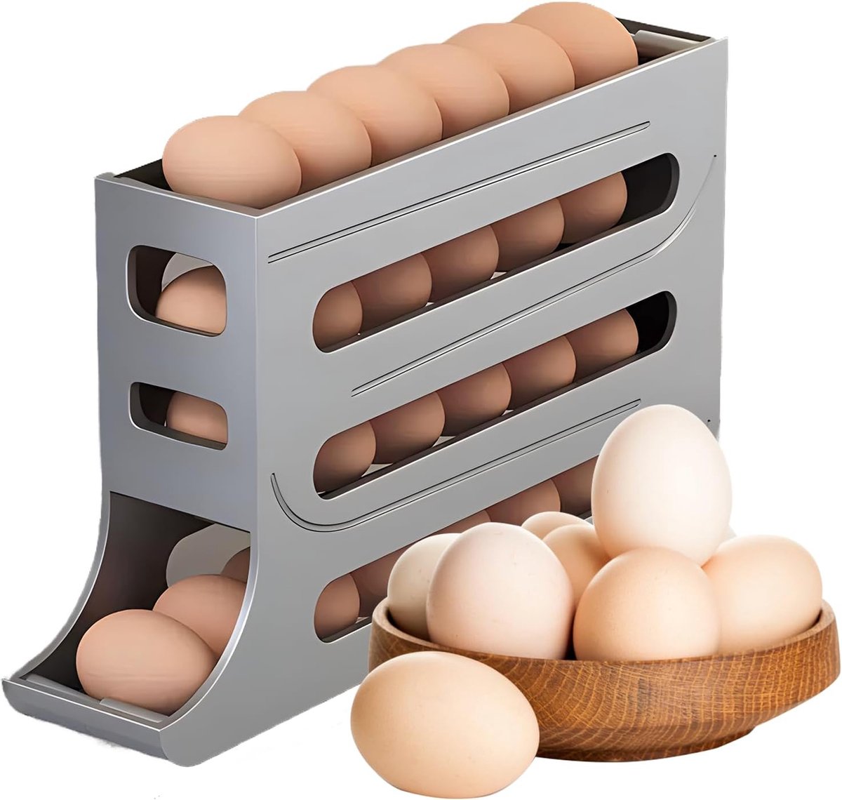 Ikaif 4-Tier Automatische Eierdispenser Ruimtebesparende Eierhouder Voor Koelkast En Aanrecht Duurzame Kunststof Keuken Eierrekker (Grijs)
