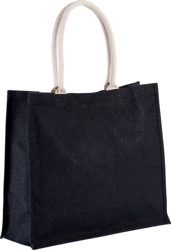Jute boodschappen strandtas - 1x - zwart - 42 x 36 cm - Strandartikelen beach bags/shoppers - 22 liter