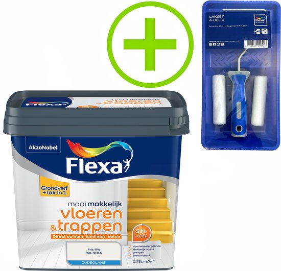 Flexa - Mooi Makkelijk Verf - Vloeren en Trappen - Mooi Ijswit - 750 ml + Lakroller