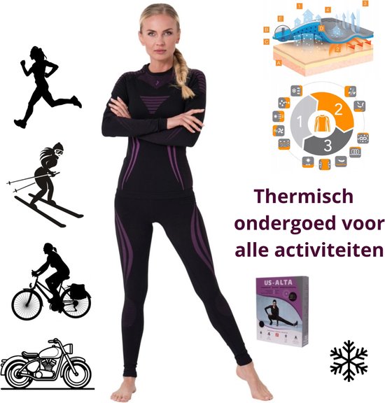 Femme en ensemble thermique noir avec des accents violets, à côté d'illustrations d'activités sportives et d'une boîte de produit.