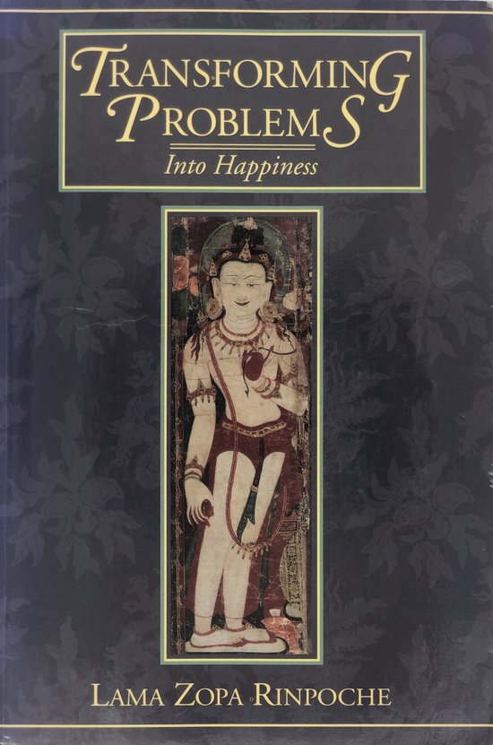 Boekomslag met de titel 'Transforming Problems Into Happiness' en een illustratie van een boeddhistische figuur.