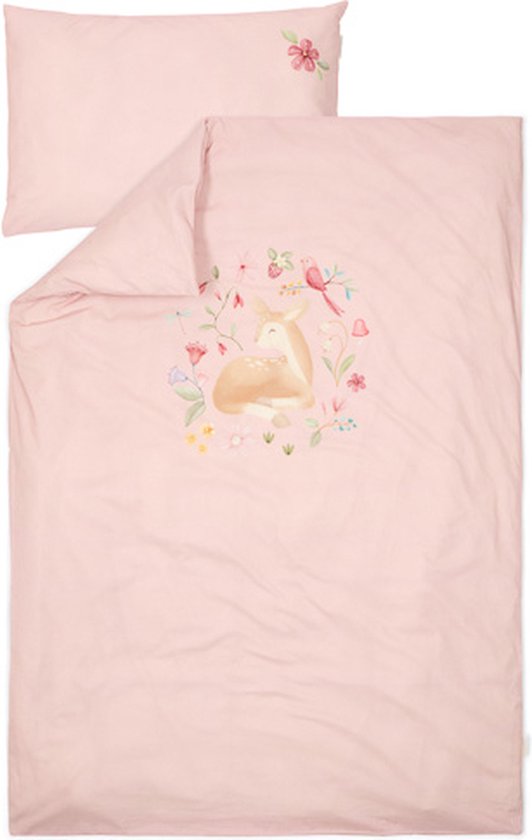 Roze ledikant dekbedovertrek met een illustratie van een hertje in een bloemenkrans.