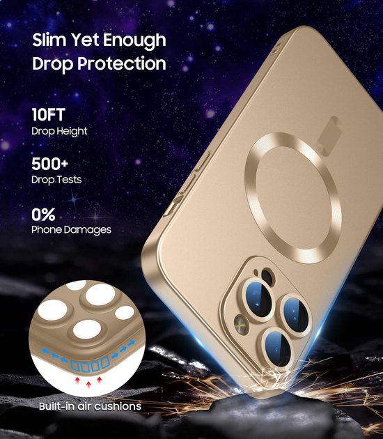 Gouden telefoonhoes voor iPhone 16 Pro Max met ingebouwde luchtkussens voor valbescherming.