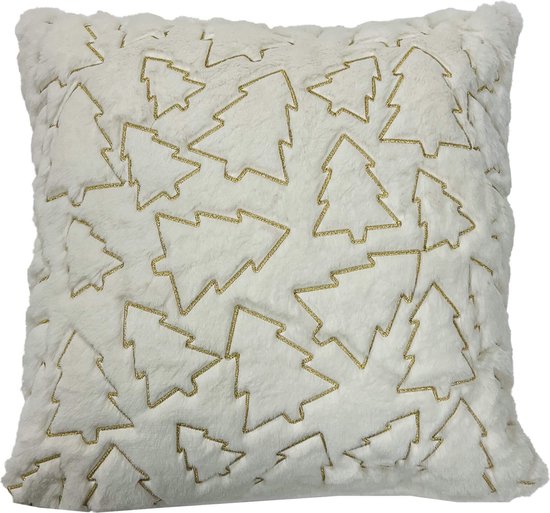 PINA - sierkussen 45x45 cm - kerstkussen - gouden dennenbomen - Snow White - wit