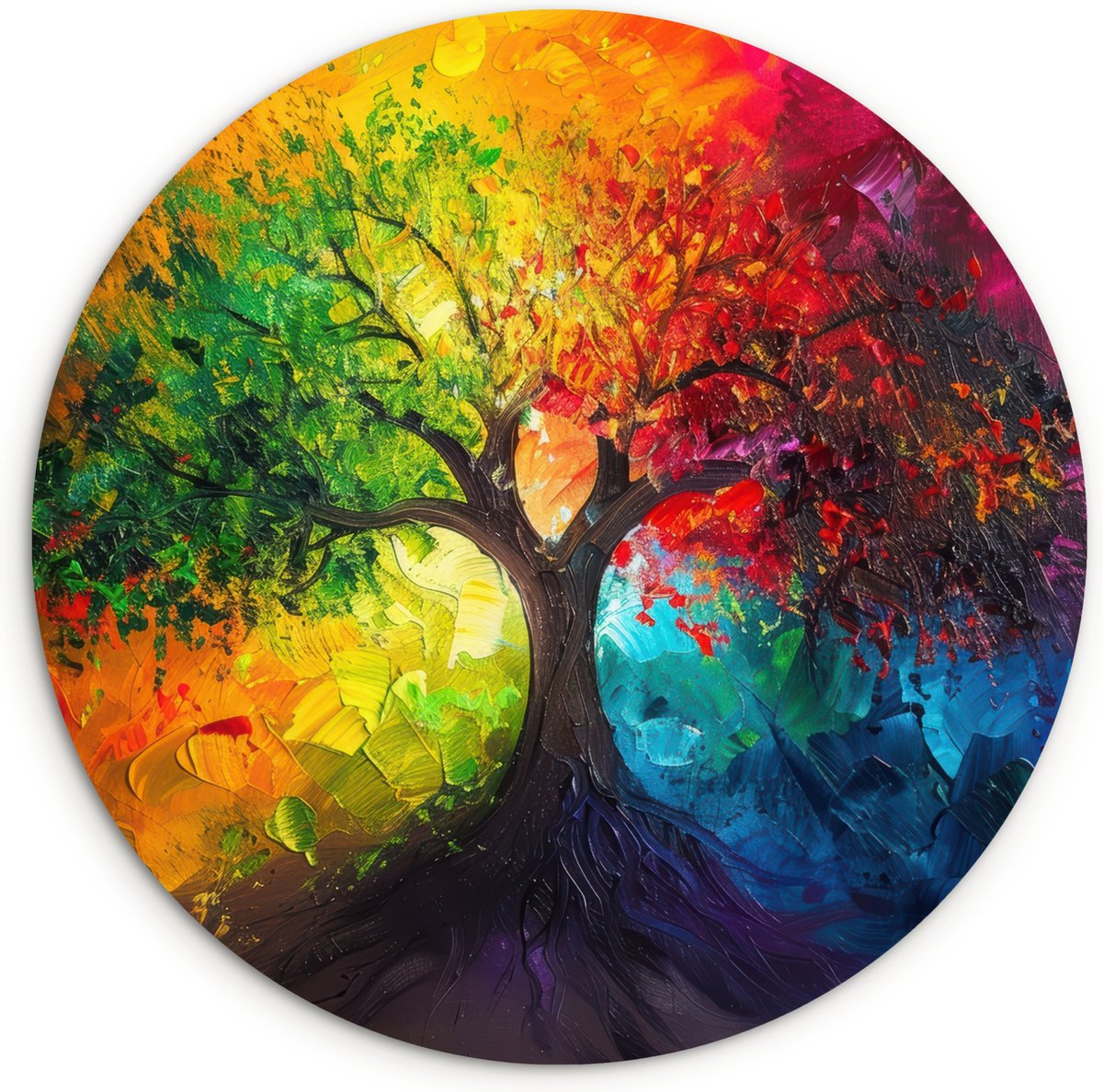 WallCircle Wandcirkel 120x120 cm - Muurcirkel Boom - Kleurrijk - Modern - Abstract - Regenboog - Levensboom - Planten - Muurdecoratie woonkamer cirkel - Wanddecoratie slaapkamer - Kamer decoratie accessoires - Ronde schilderijen binnen