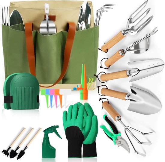5-delige tuinset gereedschapsset met tuinschort, handschoenen, hark en schep voor het complete tuinwerk