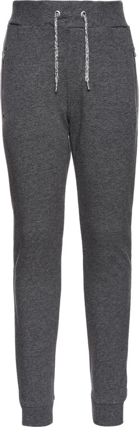 Donkergrijze joggingbroek met koordjes, twee ritszakken en boorden aan de onderkant.